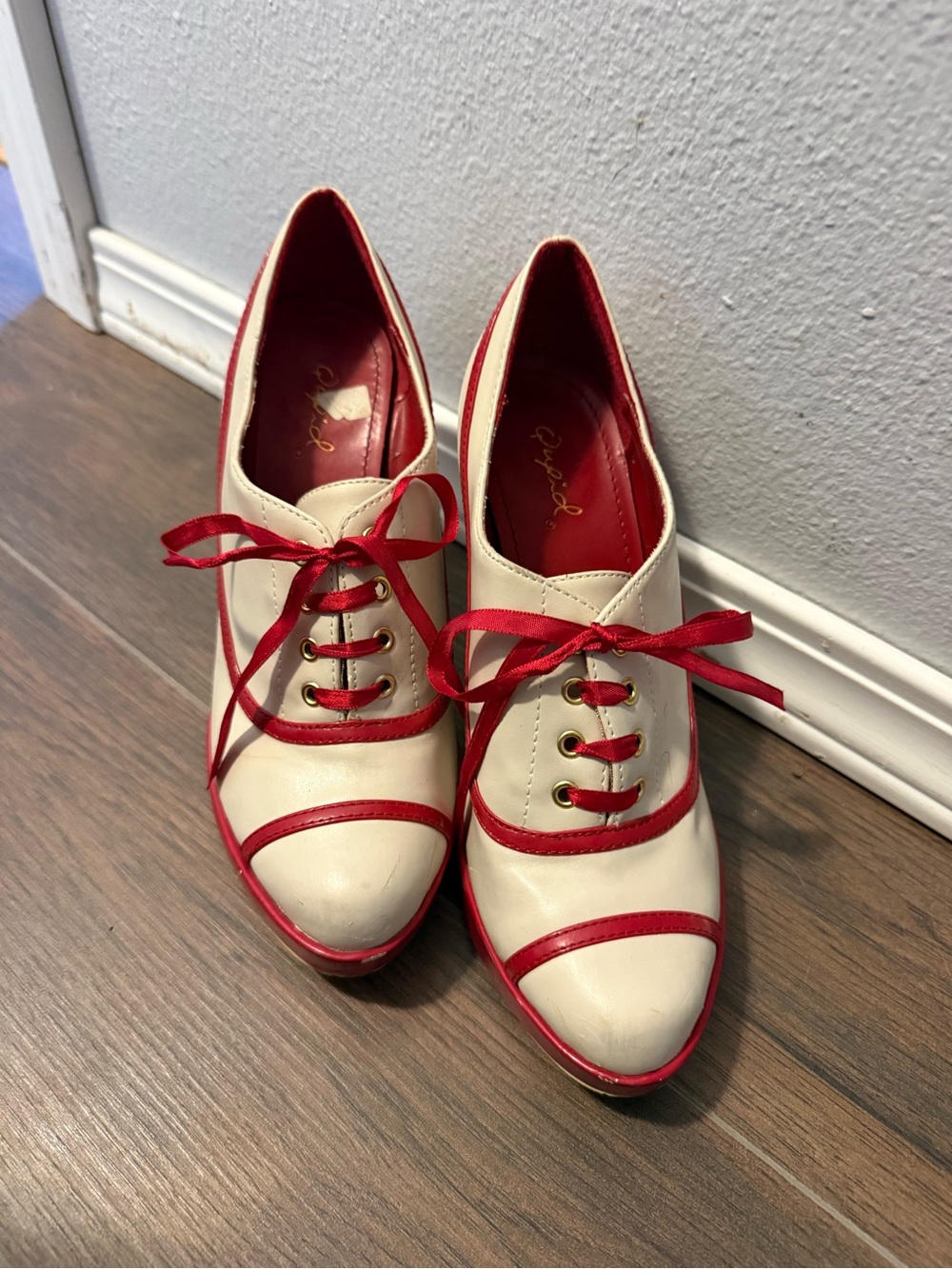 Qupid Two-Tone Cream and Red Lace-Up Oxford Heels